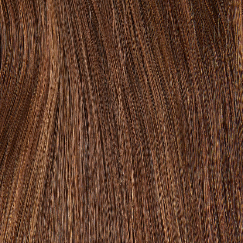 Close-up of hair in #10-6-8 Light Brown / Blond Highlights.