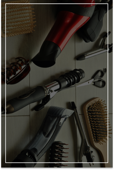 Hair dryer, brushes, curling iron, clippers and scissors.