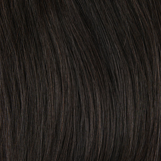 Close-up of hair in #1B Darkest Brown.