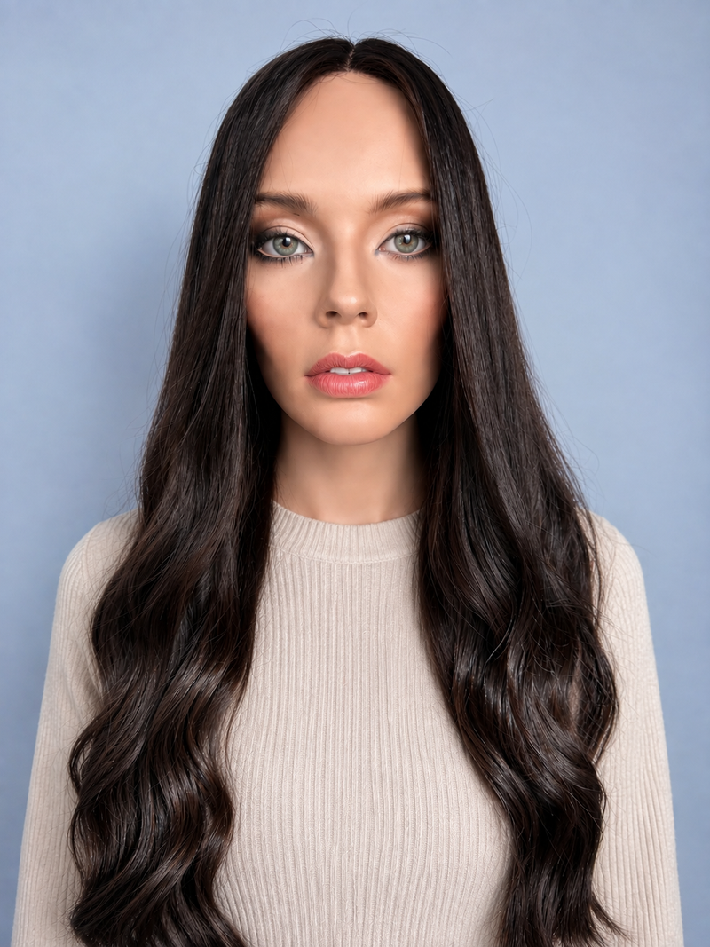 Mazali lace-front wig - front view of long dark waves.