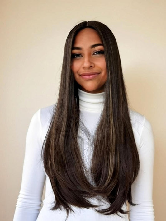 Silk French Top Wig - #2-12 - Dark Brown W/ Blond Highlights