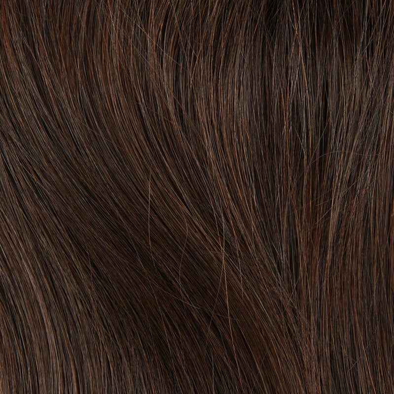 Close-up of hair in #4-6 Dark-Medium Brown / Ash Undertones.