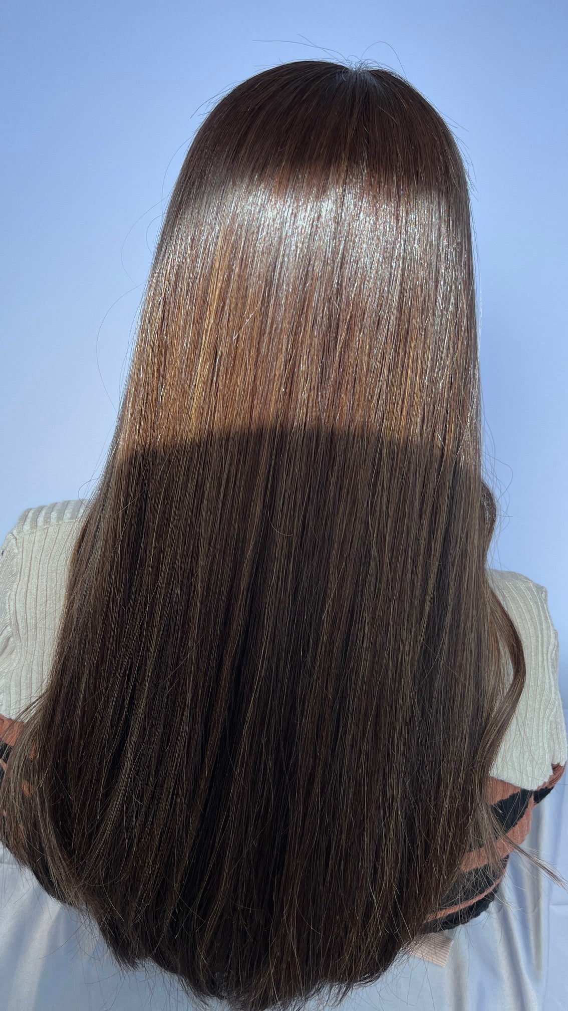 Back view of the Mazali lace top wig and blunt-cut ends