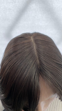 Close view of the Fortune wig's crown and parting