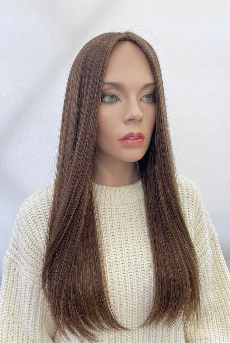 Front view of the medium-brown Zissy wig on a mannequin.