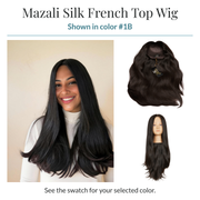 Mazali Silk French Top wig shown in color #1B: model, inside cap and mannequin. See the swatch for your selected color.