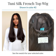 Tuni Silk French Top wig shown in color #2: model and inside cap. See the swatch for your selected color.